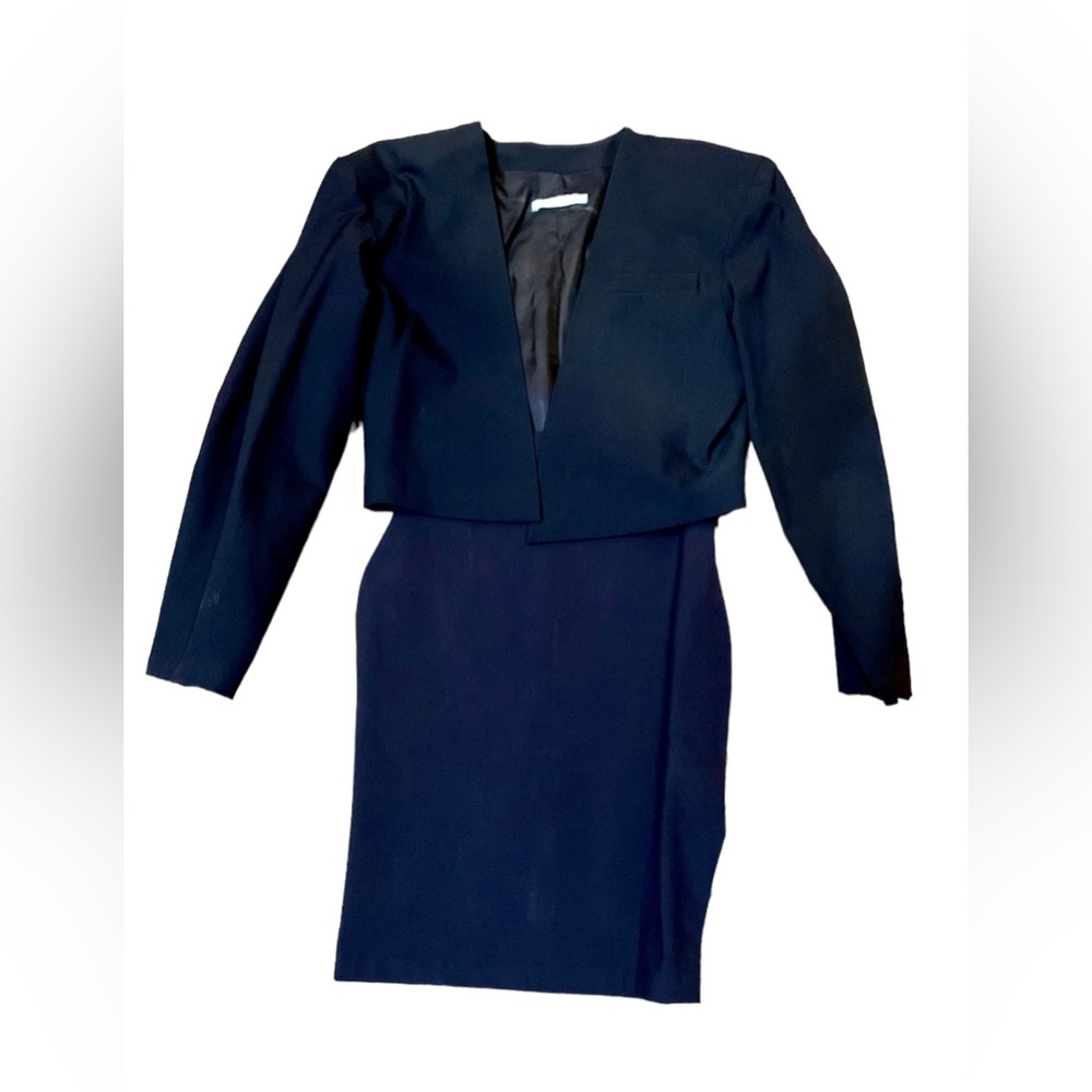 NULLE PART AILLEURS BAUDURET PARIS 1980s ICONIC TUXEDO ELASTIC JACKET SKIRT SET